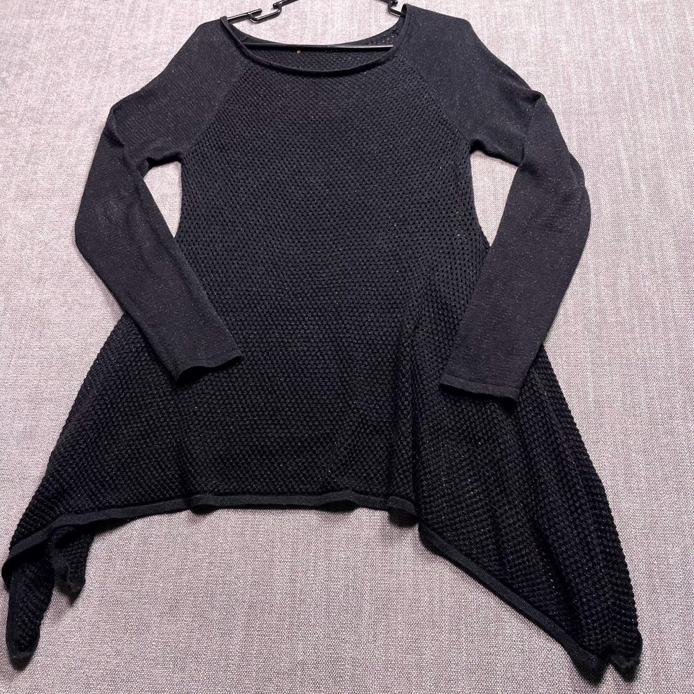 Belldini Tunic Top Womens Black Mesh Knit Asymmetrical Hem Cotton Scoop Neck